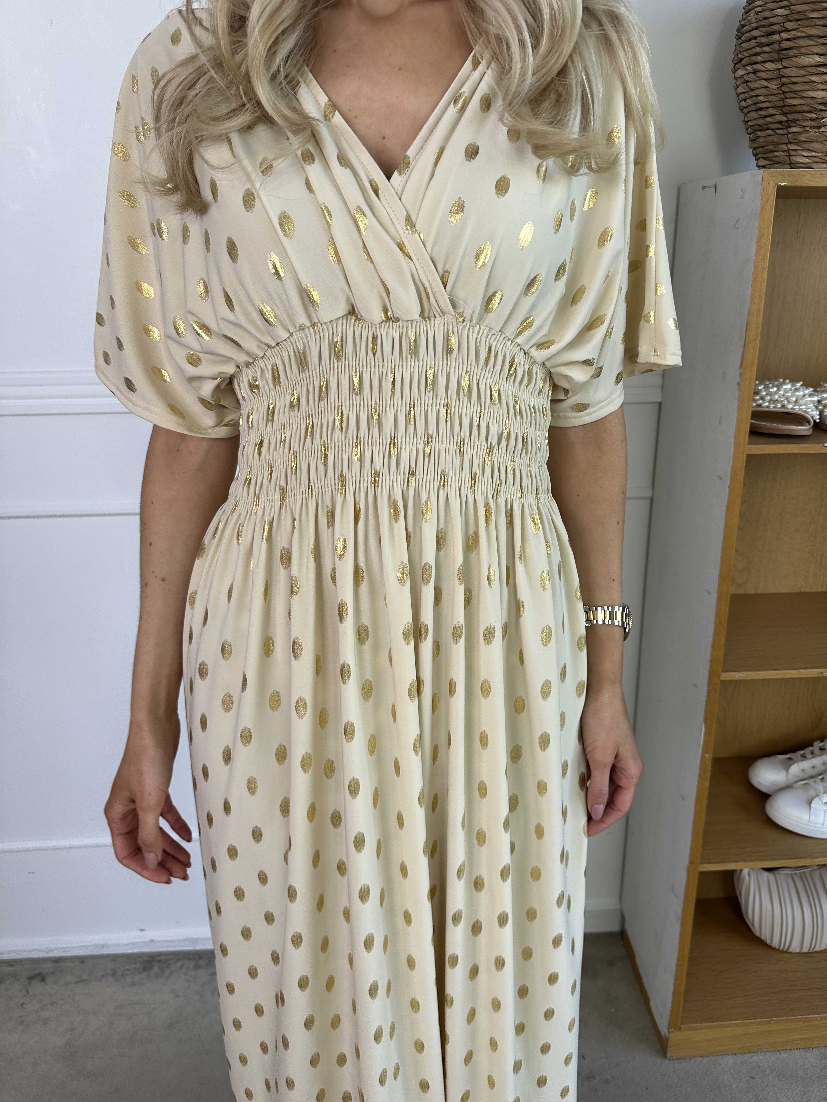 Pams Dot - Lang elastisk kjole med prikket detaljer